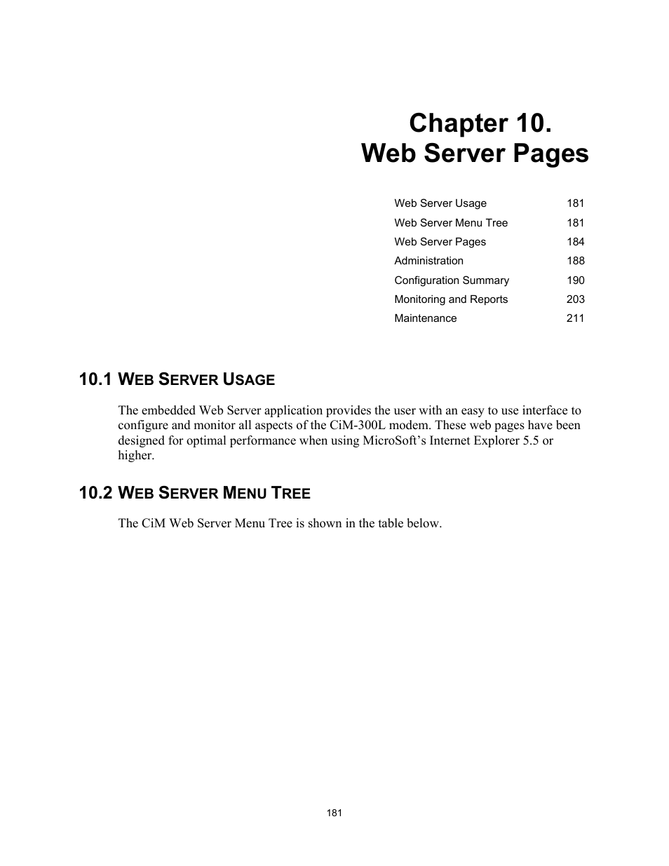 Web server usage, Web server menu tree, 1 web server usage | 2 web server menu tree, Chapter 10. web server pages | Comtech EF Data CIM-300L User Manual | Page 207 / 512