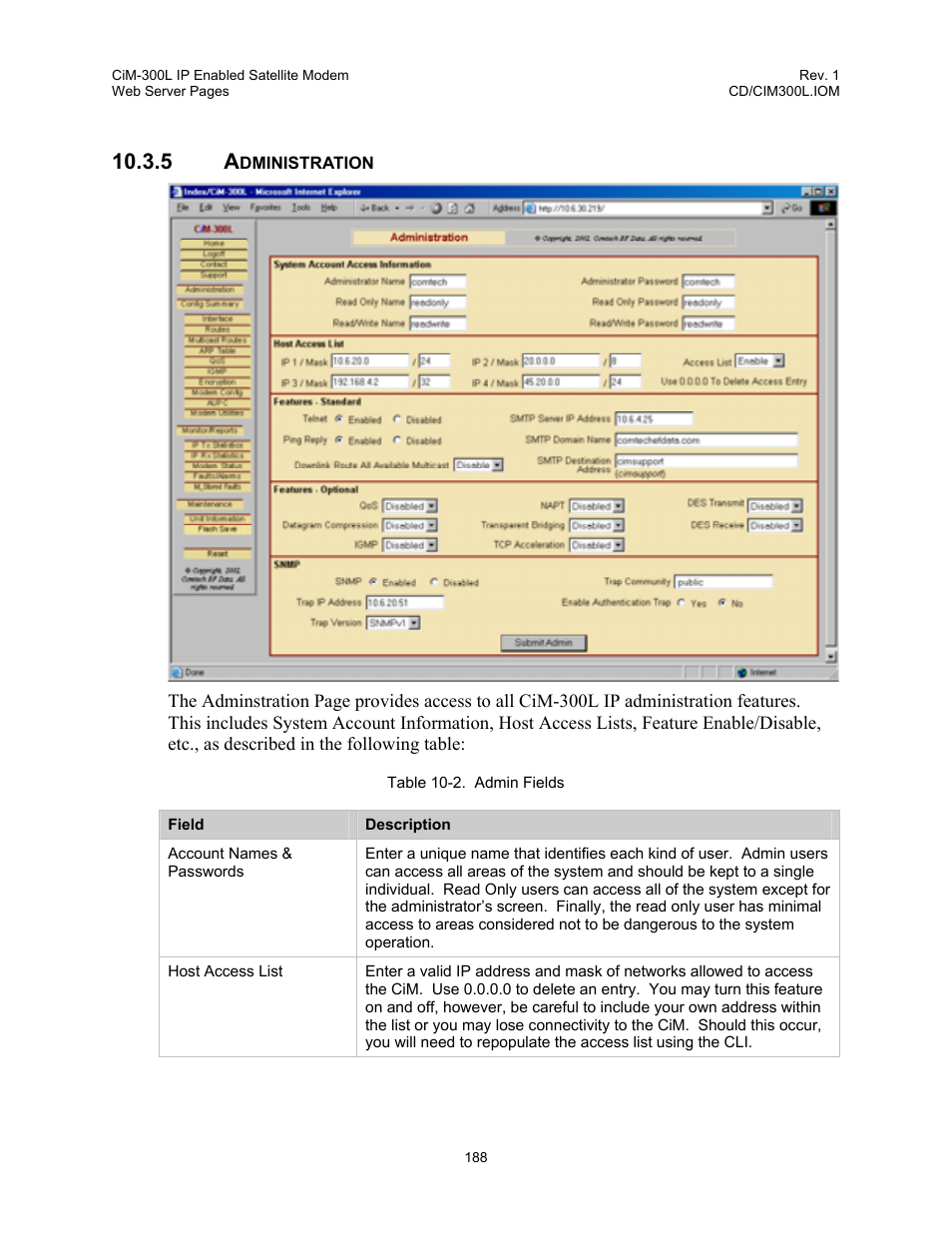 Administration, 5 administration, Table 10-2. admin fields | Administration 188 | Comtech EF Data CIM-300L User Manual | Page 214 / 512