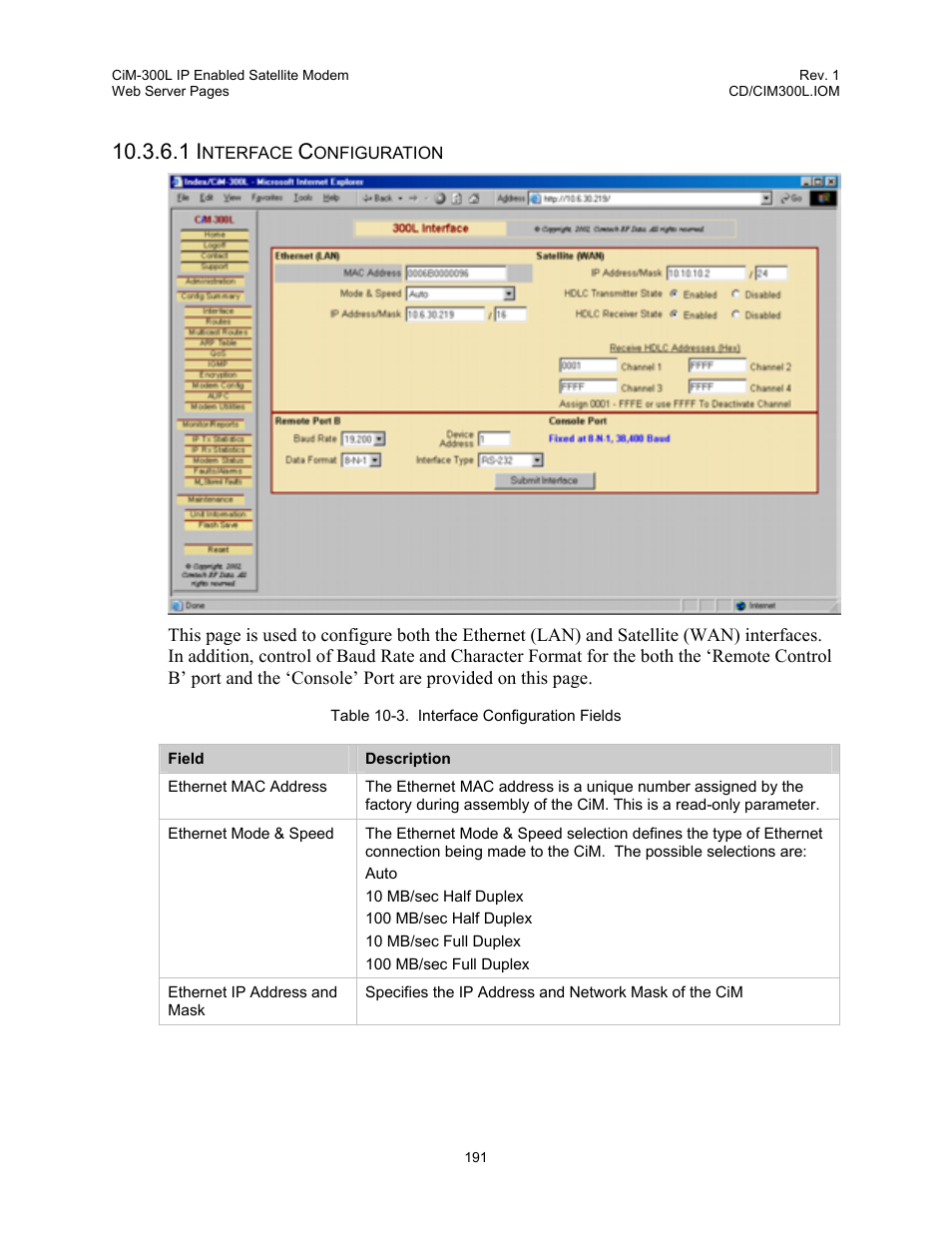 Table 10-3. interface configuration fields | Comtech EF Data CIM-300L User Manual | Page 217 / 512