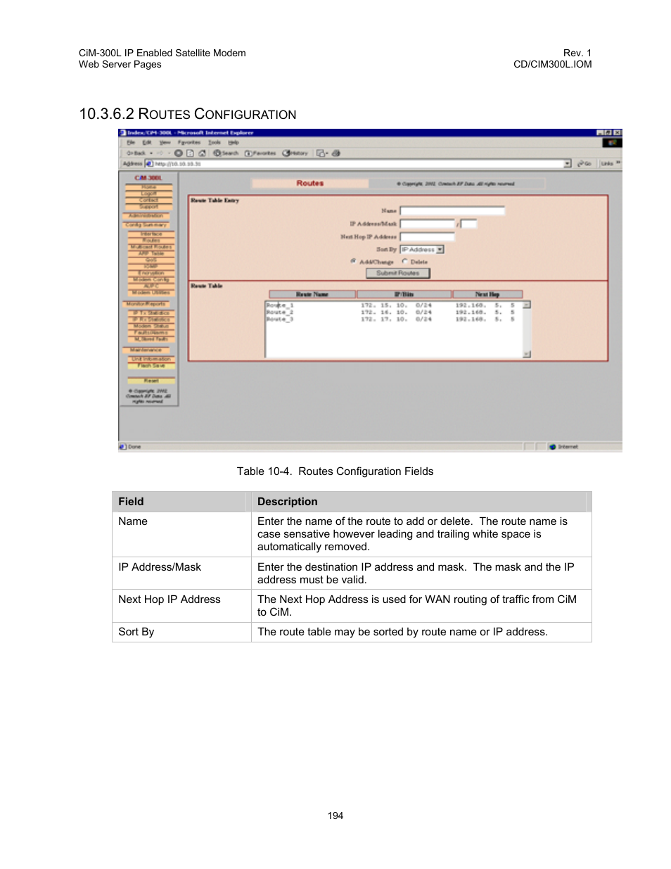 Table 10-4. routes configuration fields | Comtech EF Data CIM-300L User Manual | Page 220 / 512