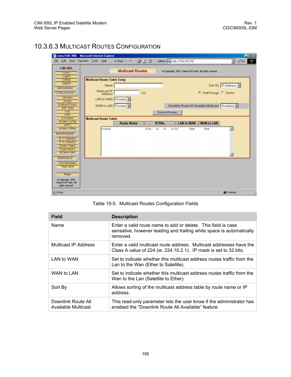 Table 10-5. multicast routes configuration fields | Comtech EF Data CIM-300L User Manual | Page 221 / 512