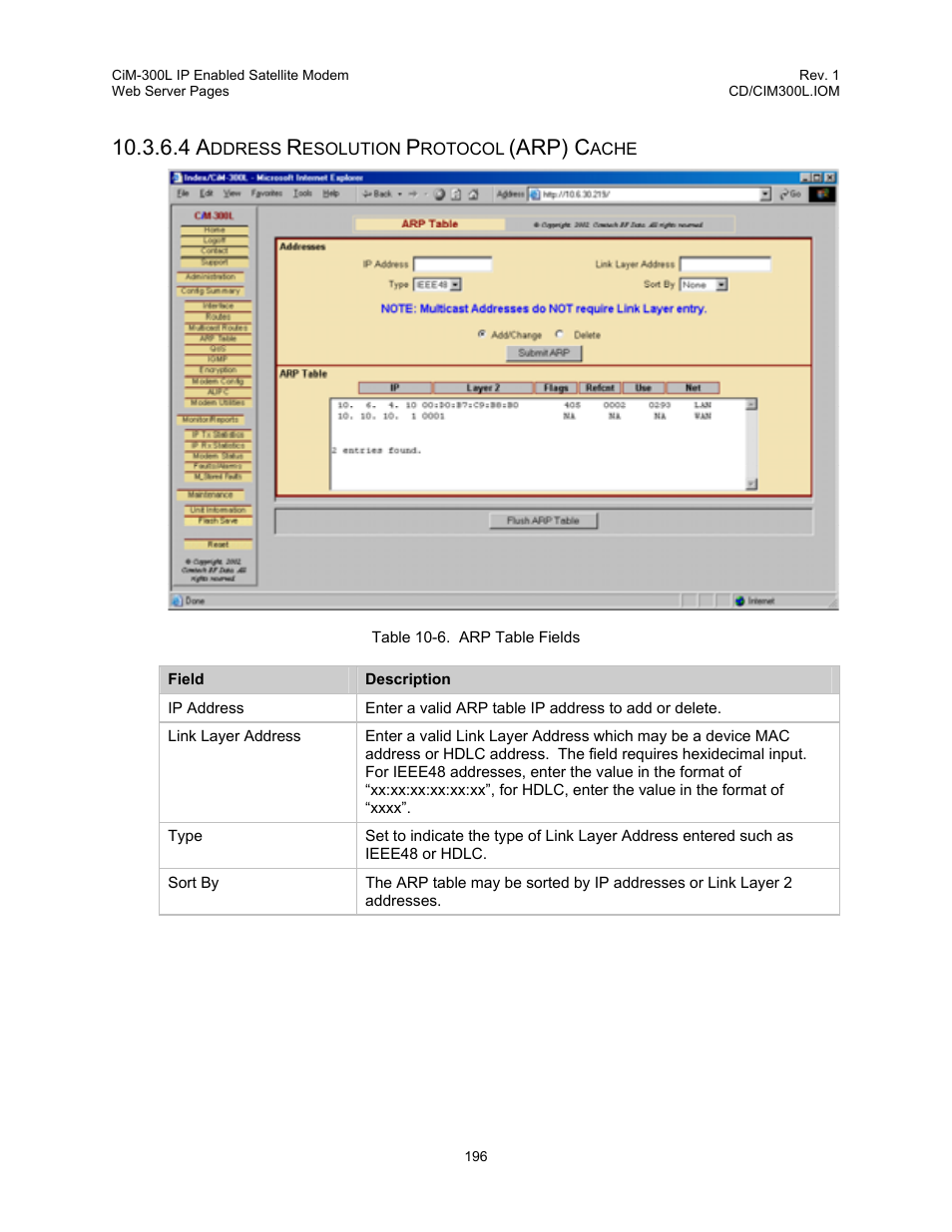 Table 10-6. arp table fields, Arp) c | Comtech EF Data CIM-300L User Manual | Page 222 / 512