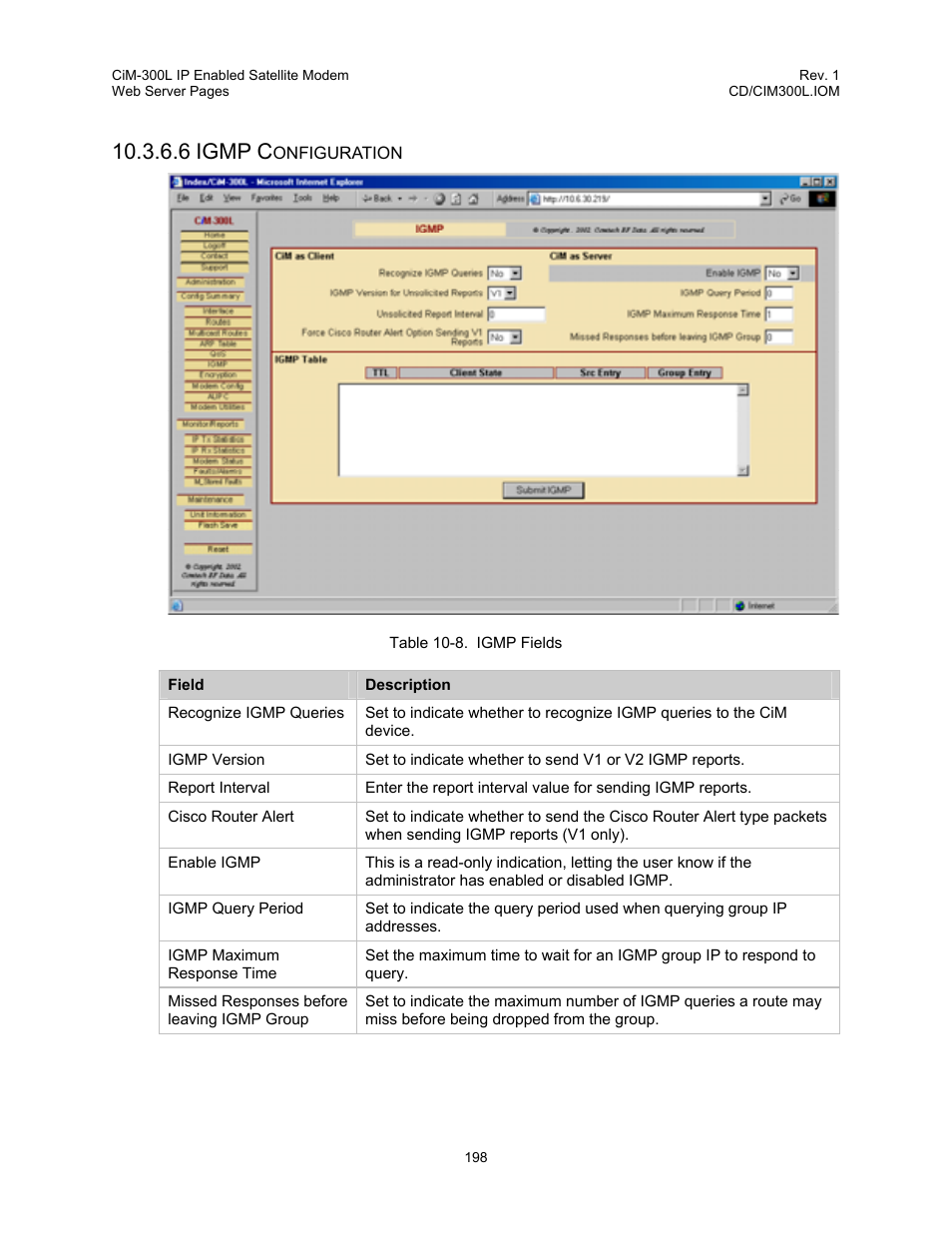 Table 10-8. igmp fields, 6 igmp c | Comtech EF Data CIM-300L User Manual | Page 224 / 512