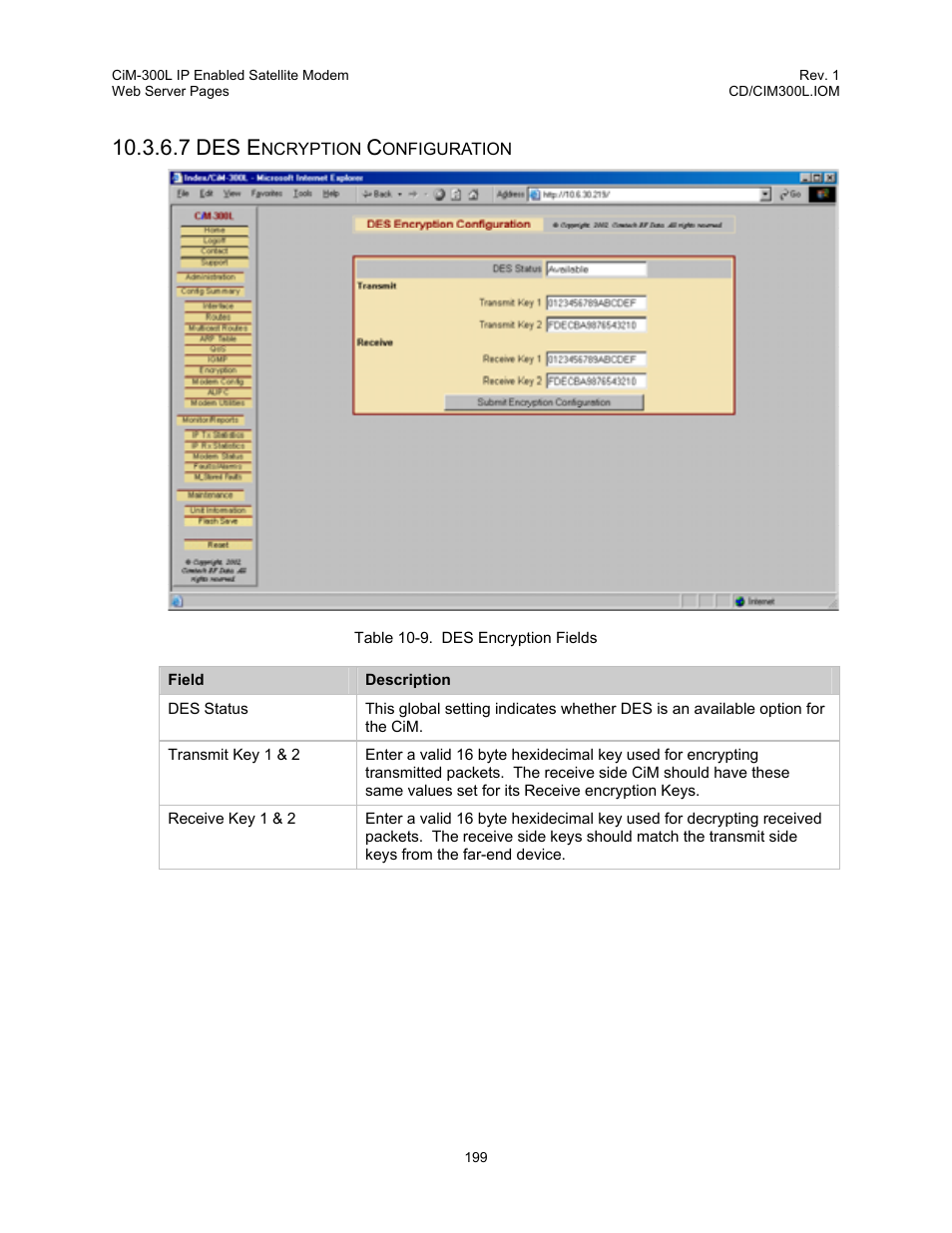 Table 10-9. des encryption fields, 7 des e | Comtech EF Data CIM-300L User Manual | Page 225 / 512