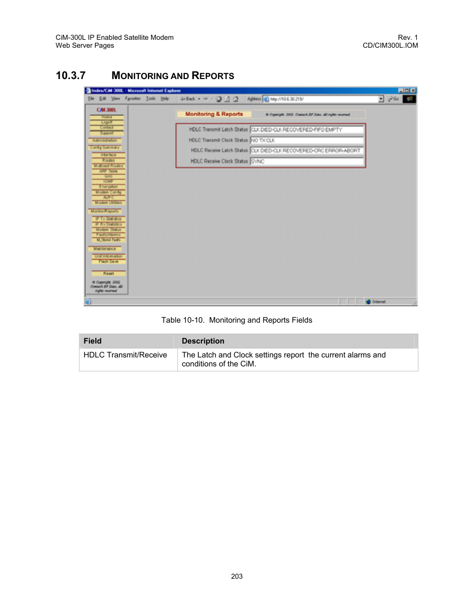 Monitoring and reports, 7 monitoring, Reports | Table 10-10. monitoring and reports fields | Comtech EF Data CIM-300L User Manual | Page 229 / 512