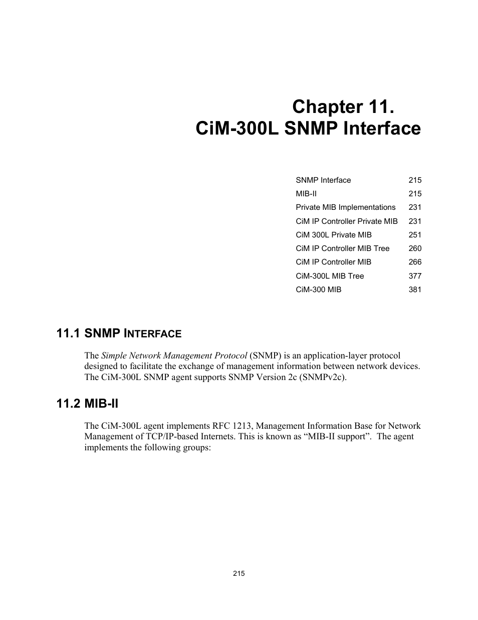 11 cim-300l snmp interface, Snmp interface, Mib-ii | Chapter 11. cim-300l snmp interface, 1 snmp interface, 2 mib-ii, 1 snmp i | Comtech EF Data CIM-300L User Manual | Page 241 / 512