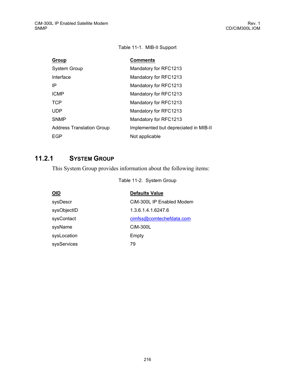 System group, 1 system, Group | Table 11-1. mib-ii support, Table 11-2. system group | Comtech EF Data CIM-300L User Manual | Page 242 / 512