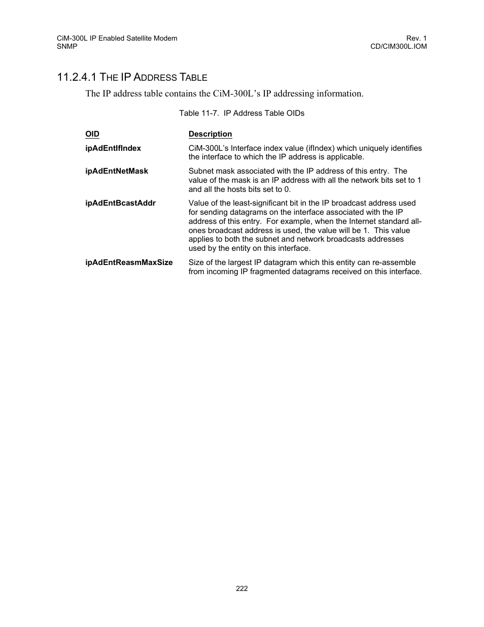 Table 11-7. ip address table oids, Ip a | Comtech EF Data CIM-300L User Manual | Page 248 / 512