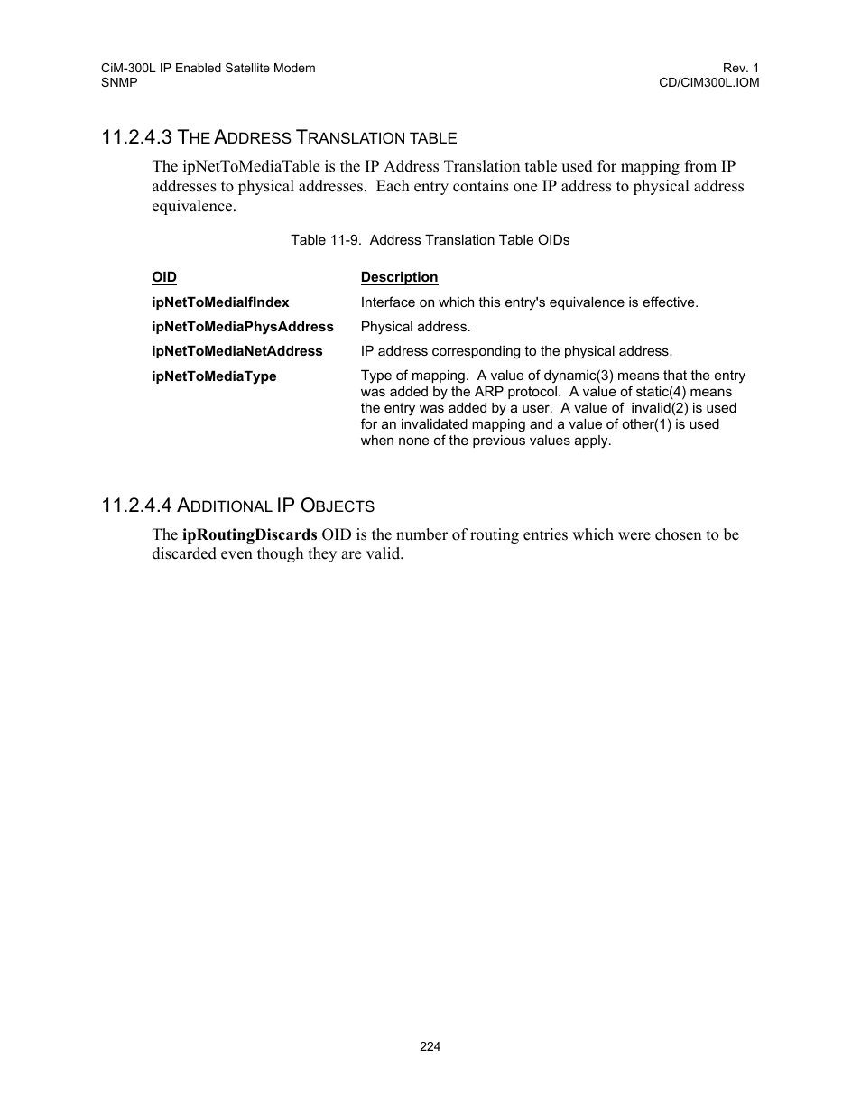 Table 11-9. address translation table oids, Ip o | Comtech EF Data CIM-300L User Manual | Page 250 / 512