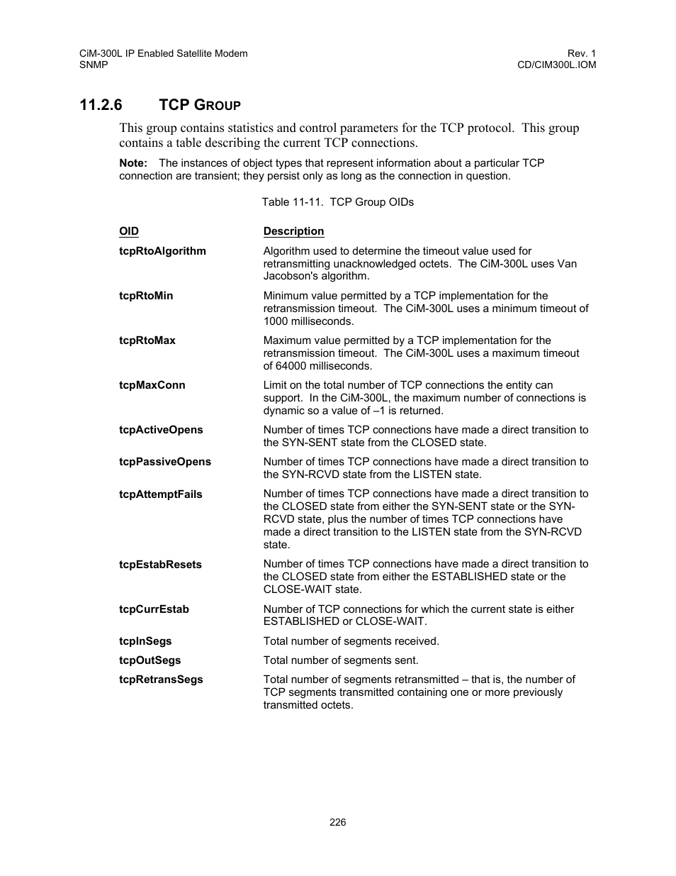 Tcp group, 6 tcp, Group | Table 11-11. tcp group oids, 6 tcp g | Comtech EF Data CIM-300L User Manual | Page 252 / 512