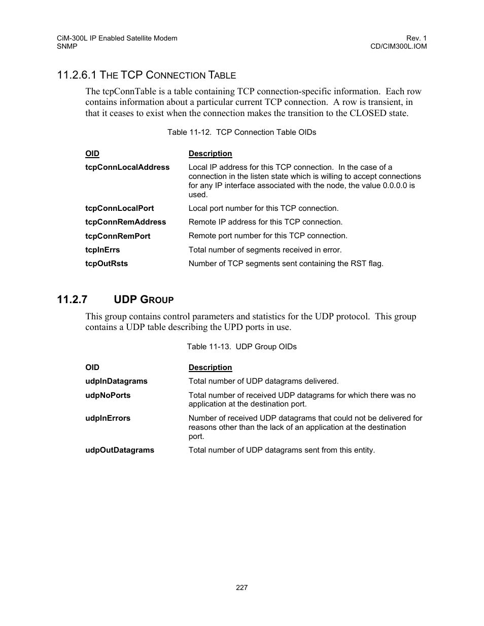 Udp group, 7 udp, Group | Table 11-12. tcp connection table oids, Table 11-13. udp group oids, Tcp c, 7 udp g | Comtech EF Data CIM-300L User Manual | Page 253 / 512