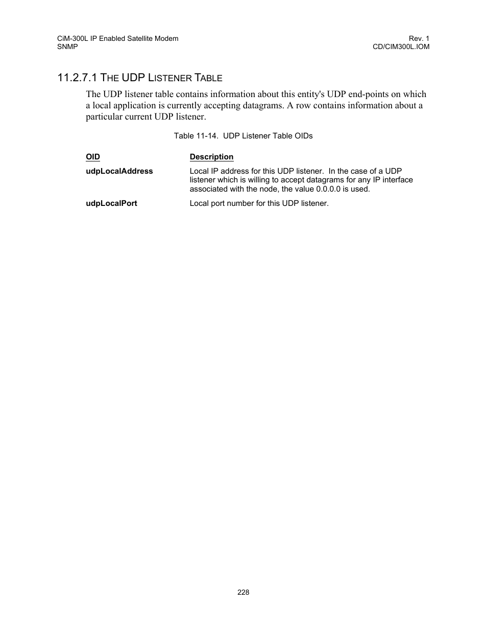Table 11-14. udp listener table oids, Udp l | Comtech EF Data CIM-300L User Manual | Page 254 / 512