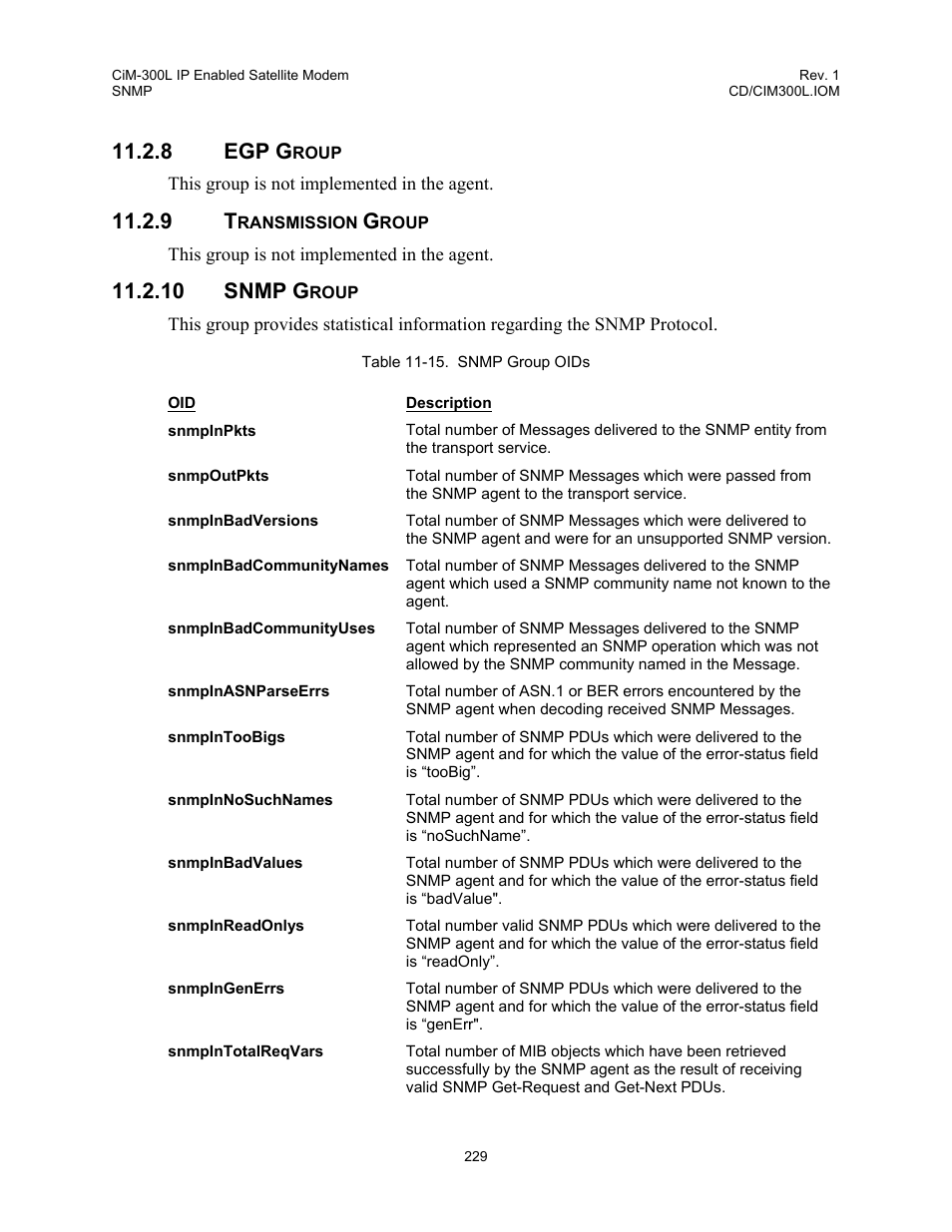 Egp group, Transmission group, Snmp group | 8 egp, Group, 9 transmission, 10 snmp, Table 11-15. snmp group oids, 8 egp g, 10 snmp g | Comtech EF Data CIM-300L User Manual | Page 255 / 512
