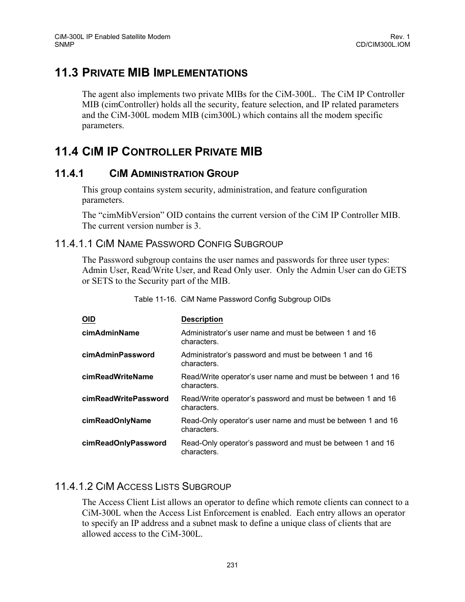 Private mib implementations, Cim ip controller private mib, Cim administration group | 3 private mib implementations, 4 cim ip controller private mib, Cim ip controller private mib 231, Mib i, M ip c | Comtech EF Data CIM-300L User Manual | Page 257 / 512