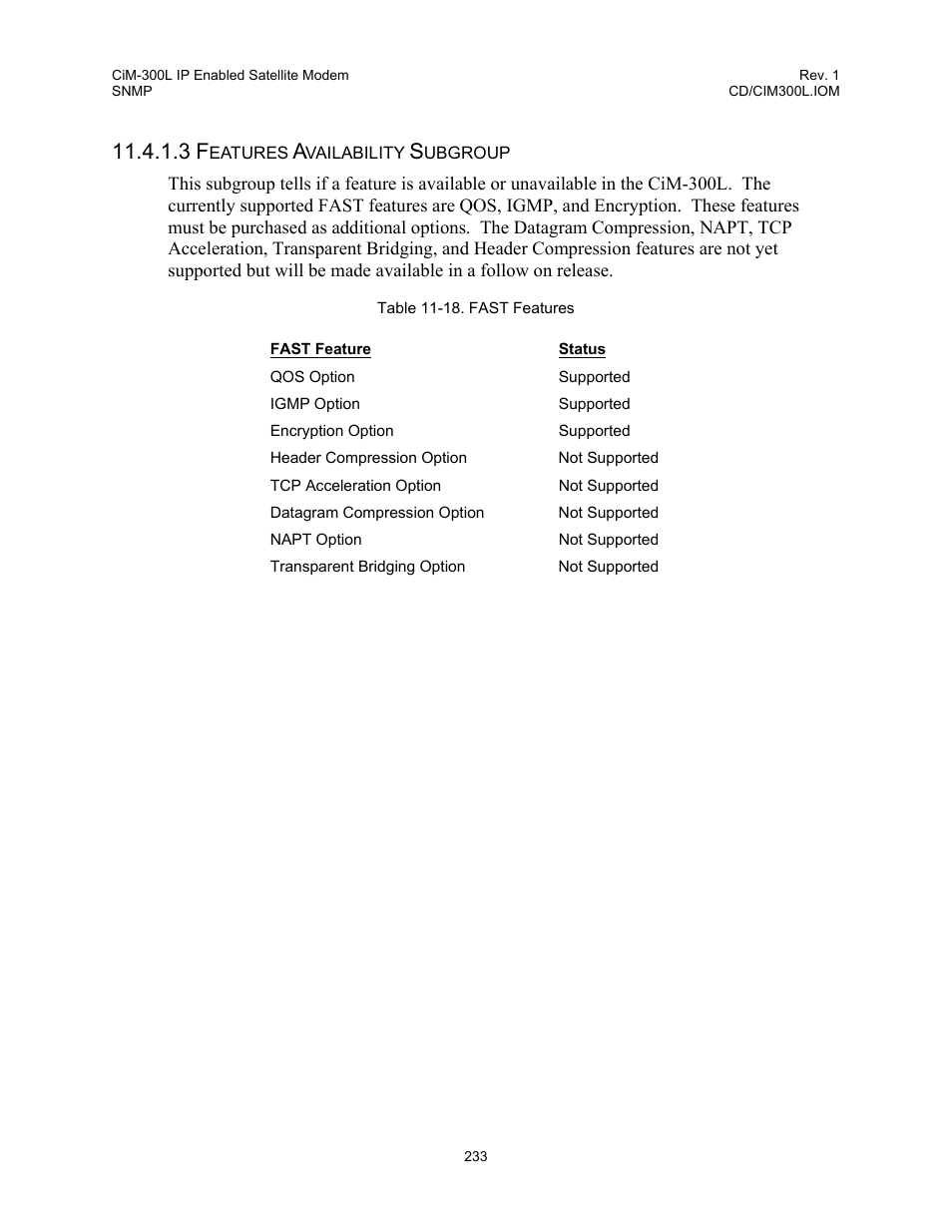 Table 11-18. fast features | Comtech EF Data CIM-300L User Manual | Page 259 / 512