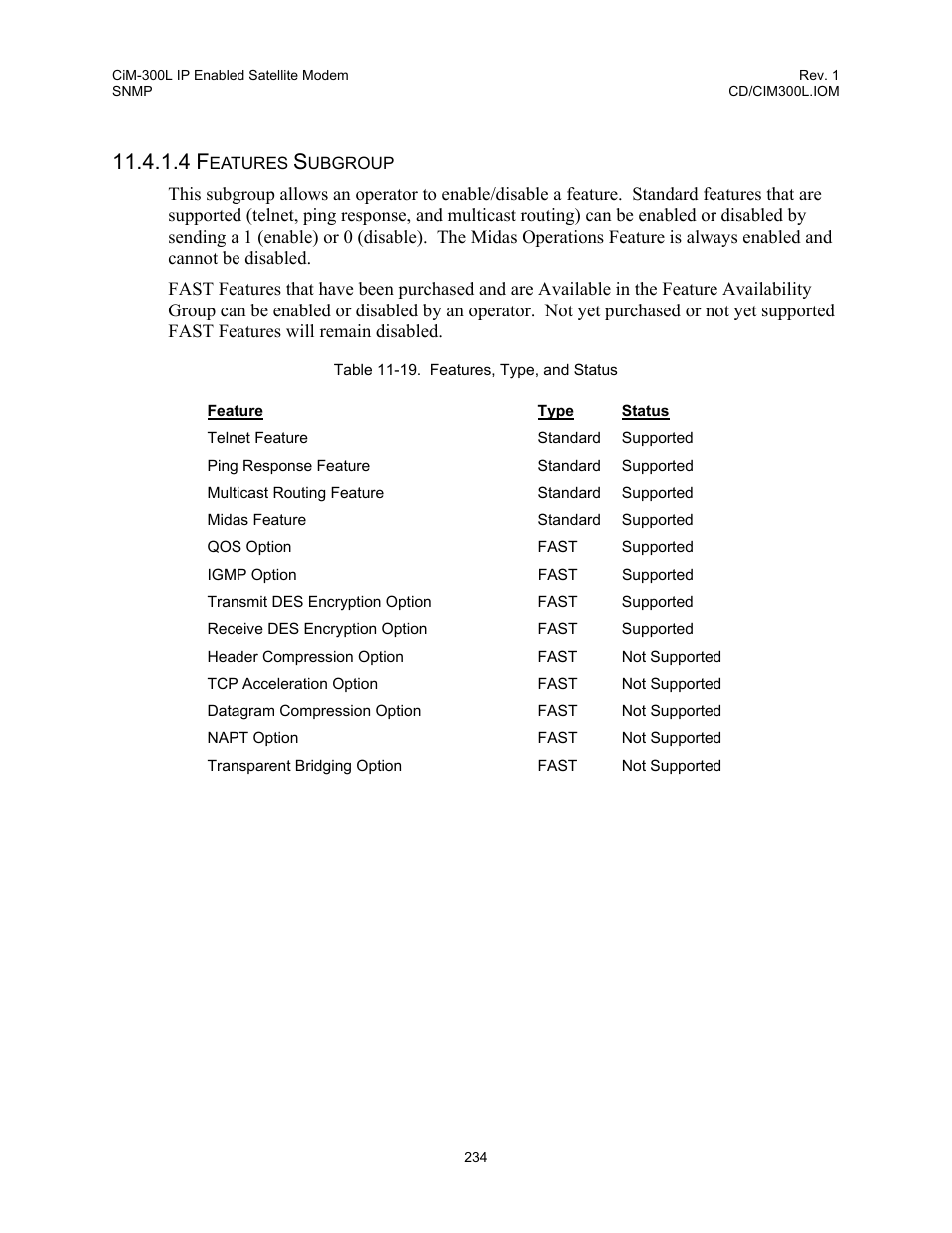 Table 11-19. features, type, and status | Comtech EF Data CIM-300L User Manual | Page 260 / 512