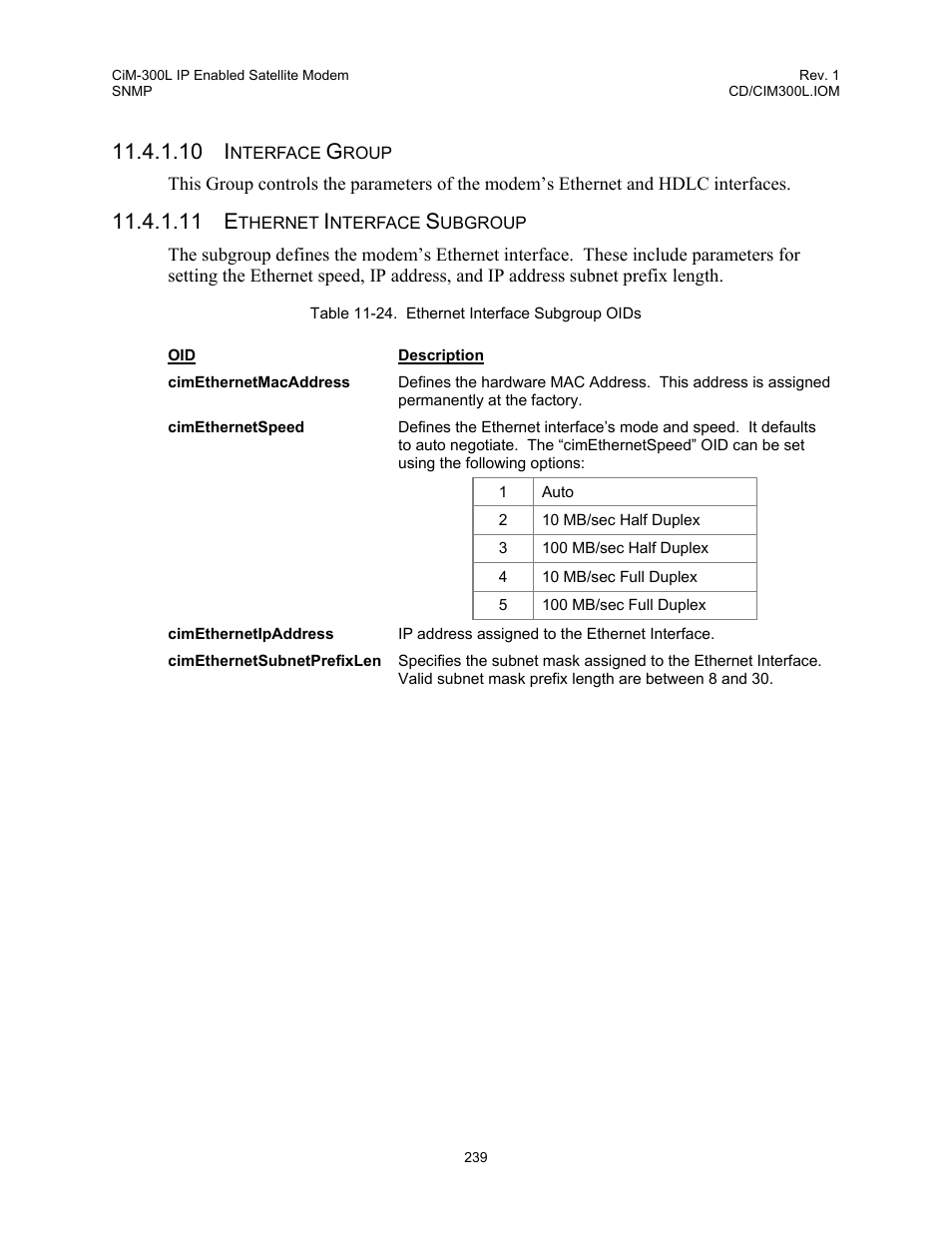 Table 11-24. ethernet interface subgroup oids, 10 i, 11 e | Comtech EF Data CIM-300L User Manual | Page 265 / 512