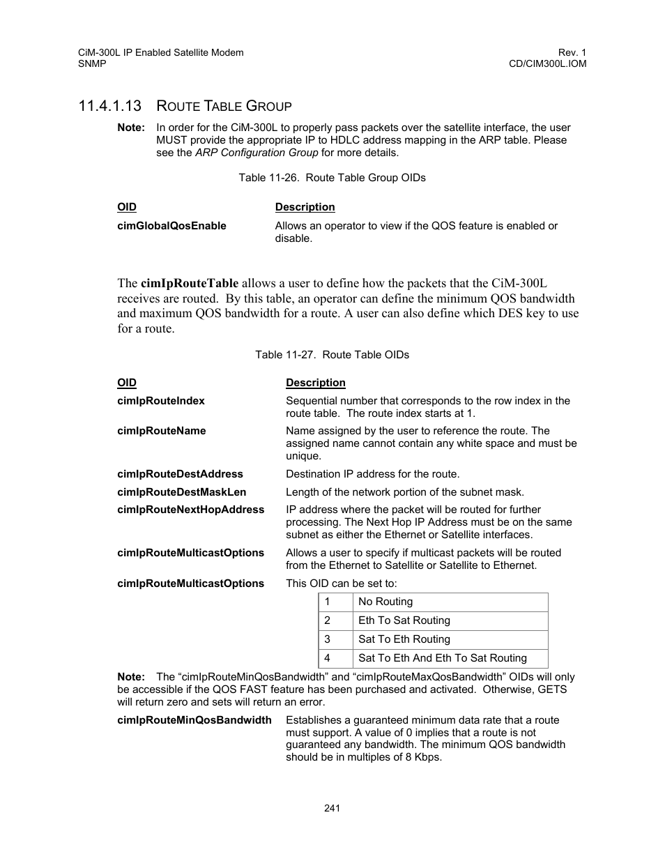 Table 11-26. route table group oids, Table 11-27. route table oids, 13 r | Comtech EF Data CIM-300L User Manual | Page 267 / 512