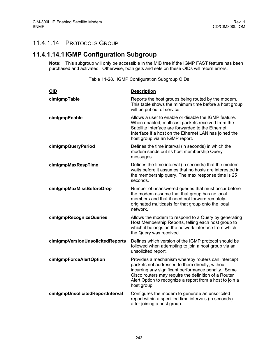 Table 11-28. igmp configuration subgroup oids, 14 p, 1 igmp configuration subgroup | Comtech EF Data CIM-300L User Manual | Page 269 / 512