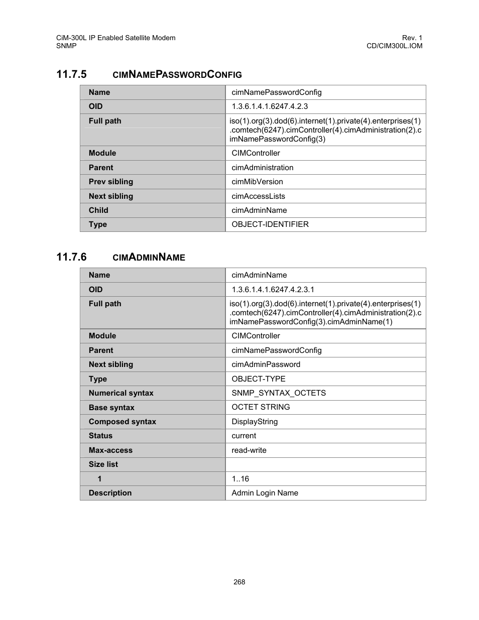 Cimnamepasswordconfig, Cimadminname, 5 cimnamepasswordconfig 11.7.6 cimadminname | Comtech EF Data CIM-300L User Manual | Page 294 / 512