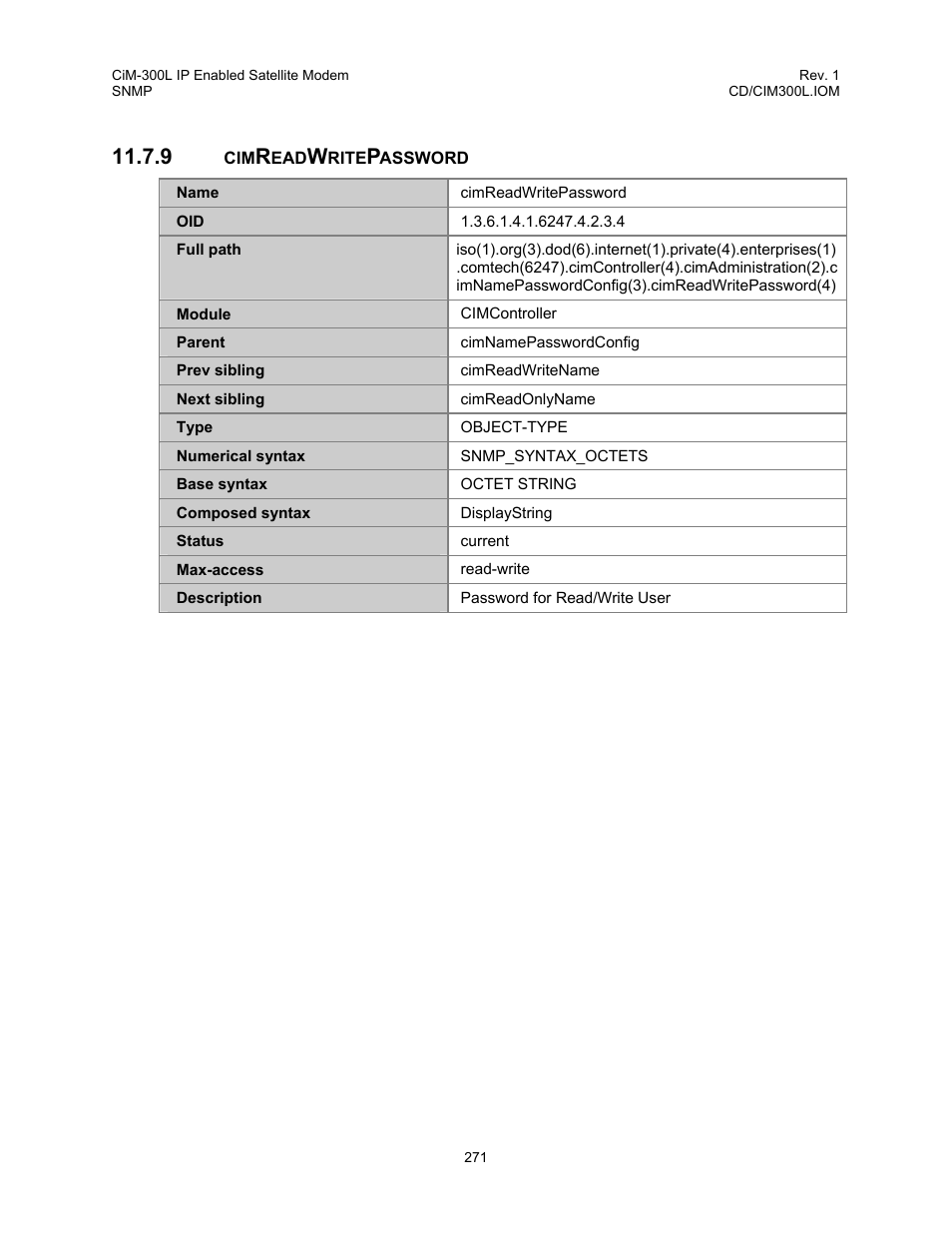 Cimreadwritepassword, 9 cimreadwritepassword | Comtech EF Data CIM-300L User Manual | Page 297 / 512