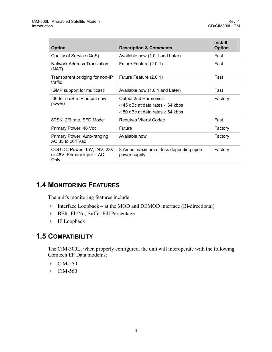 Monitoring features, Compatibility, 4 monitoring features | 5 compatibility, Compatibility 4 | Comtech EF Data CIM-300L User Manual | Page 30 / 512