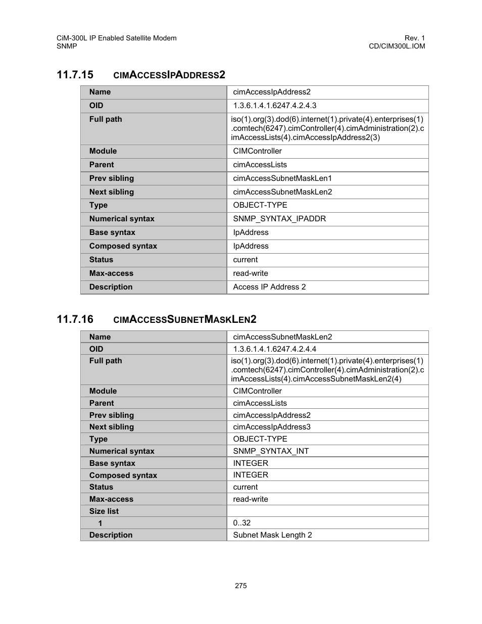 Cimaccessipaddress2, Cimaccesssubnetmasklen2 | Comtech EF Data CIM-300L User Manual | Page 301 / 512