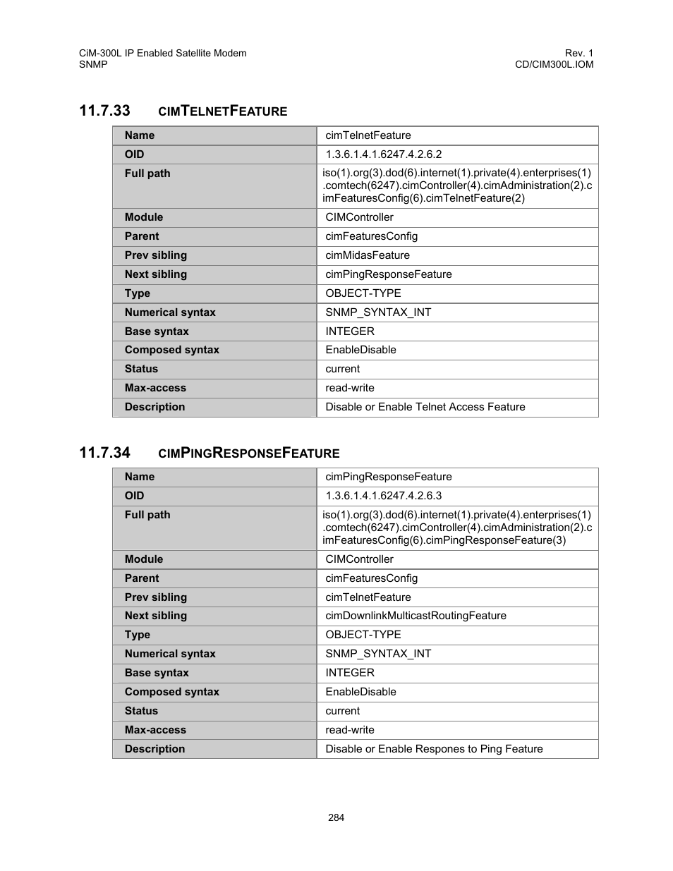 Cimtelnetfeature, Cimpingresponsefeature, 33 cimtelnetfeature 11.7.34 cimpingresponsefeature | Comtech EF Data CIM-300L User Manual | Page 310 / 512