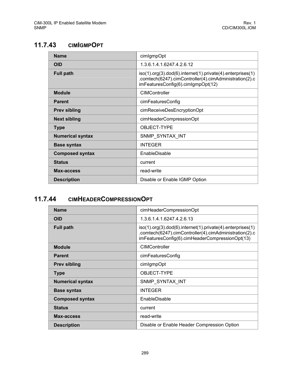 Cimigmpopt, Cimheadercompressionopt, 43 cimigmpopt 11.7.44 cimheadercompressionopt | Comtech EF Data CIM-300L User Manual | Page 315 / 512