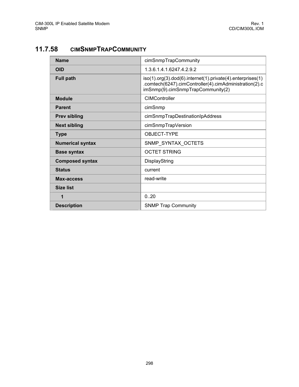 Cimsnmptrapcommunity, 58 cimsnmptrapcommunity | Comtech EF Data CIM-300L User Manual | Page 324 / 512