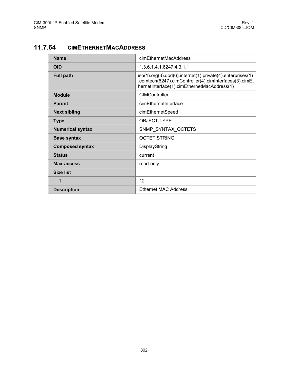 Cimethernetmacaddress, 64 cimethernetmacaddress | Comtech EF Data CIM-300L User Manual | Page 328 / 512