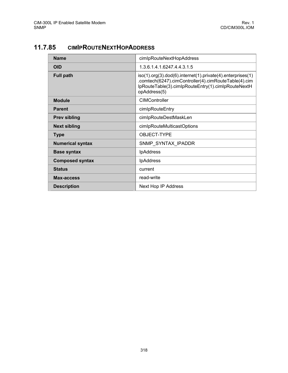 Cimiproutenexthopaddress, 85 cimiproutenexthopaddress | Comtech EF Data CIM-300L User Manual | Page 344 / 512