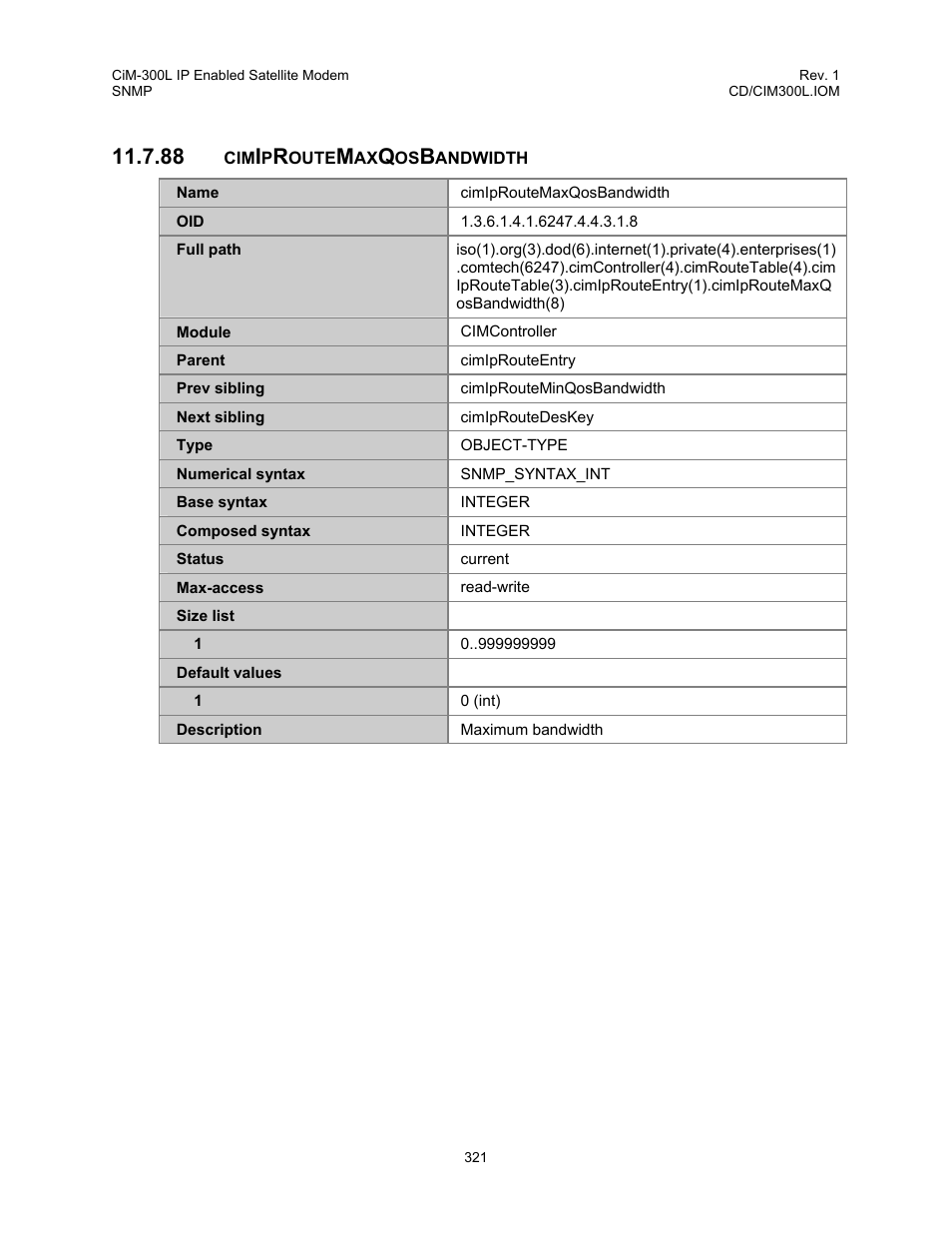 Cimiproutemaxqosbandwidth, 88 cimiproutemaxqosbandwidth | Comtech EF Data CIM-300L User Manual | Page 347 / 512