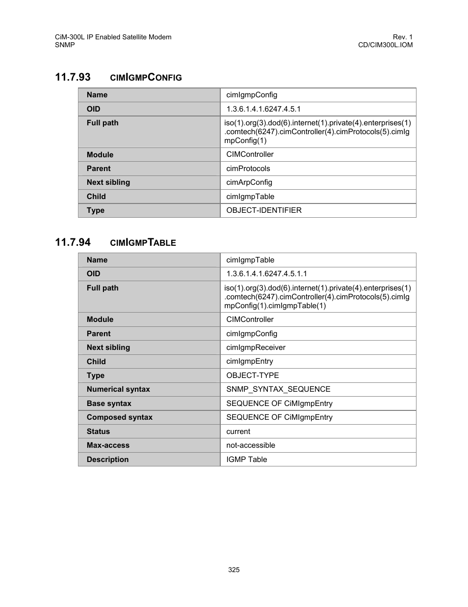 Cimigmpconfig, Cimigmptable, 93 cimigmpconfig 11.7.94 cimigmptable | Comtech EF Data CIM-300L User Manual | Page 351 / 512