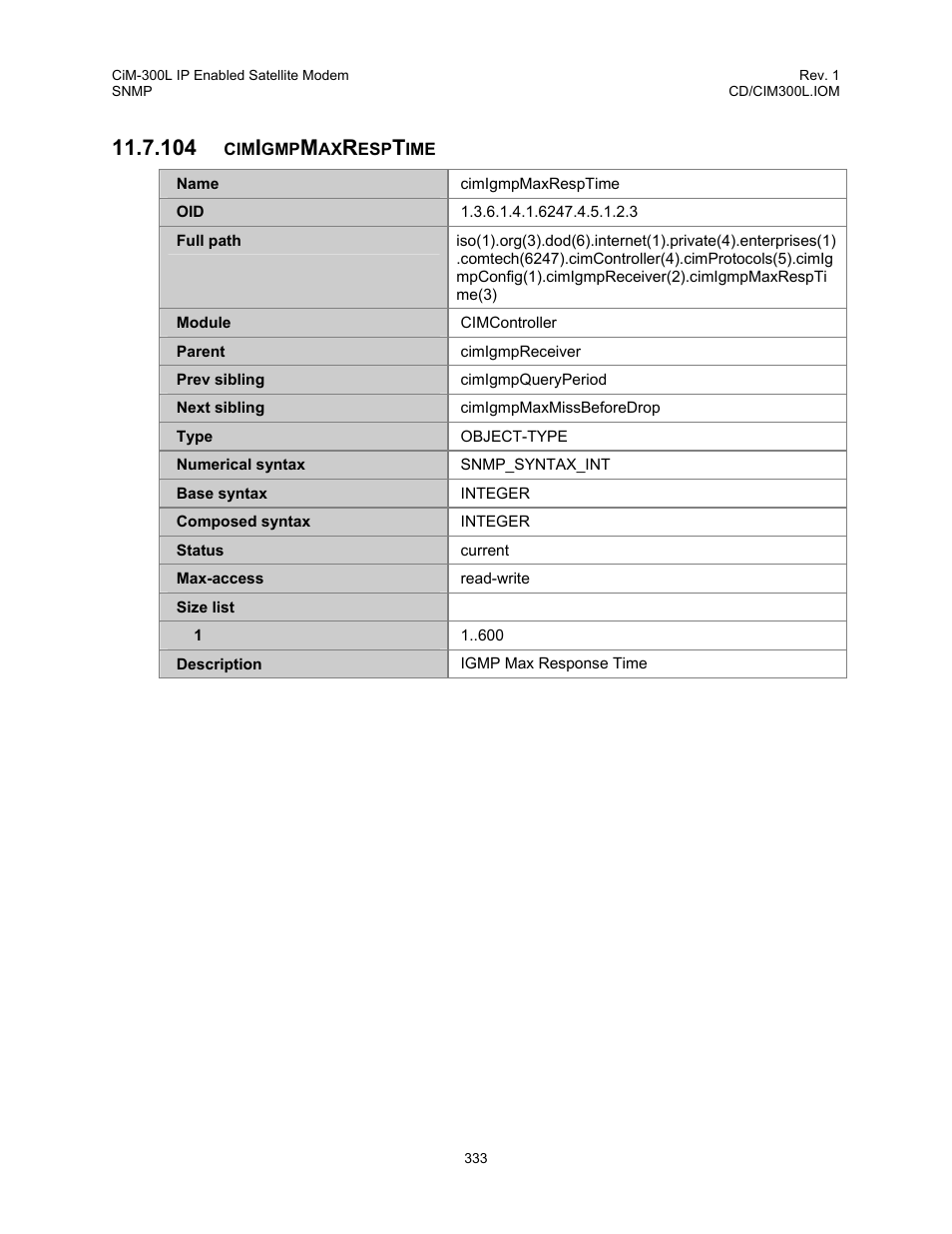 Cimigmpmaxresptime, 104 cimigmpmaxresptime | Comtech EF Data CIM-300L User Manual | Page 359 / 512