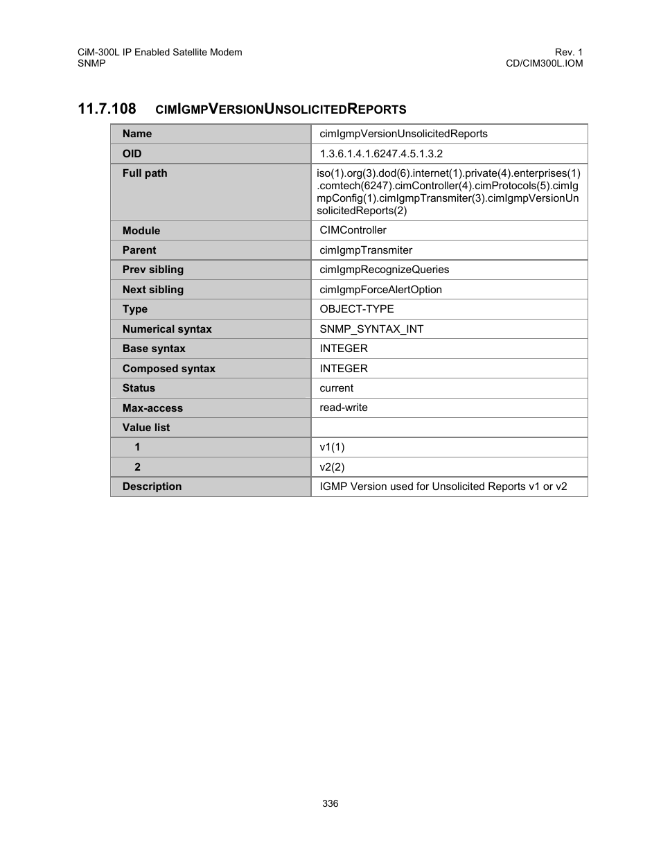 Cimigmpversionunsolicitedreports, 108 cimigmpversionunsolicitedreports | Comtech EF Data CIM-300L User Manual | Page 362 / 512