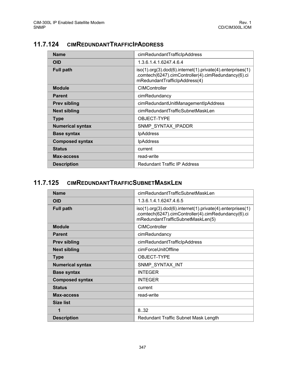 Cimredundanttrafficipaddress, Cimredundanttrafficsubnetmasklen | Comtech EF Data CIM-300L User Manual | Page 373 / 512