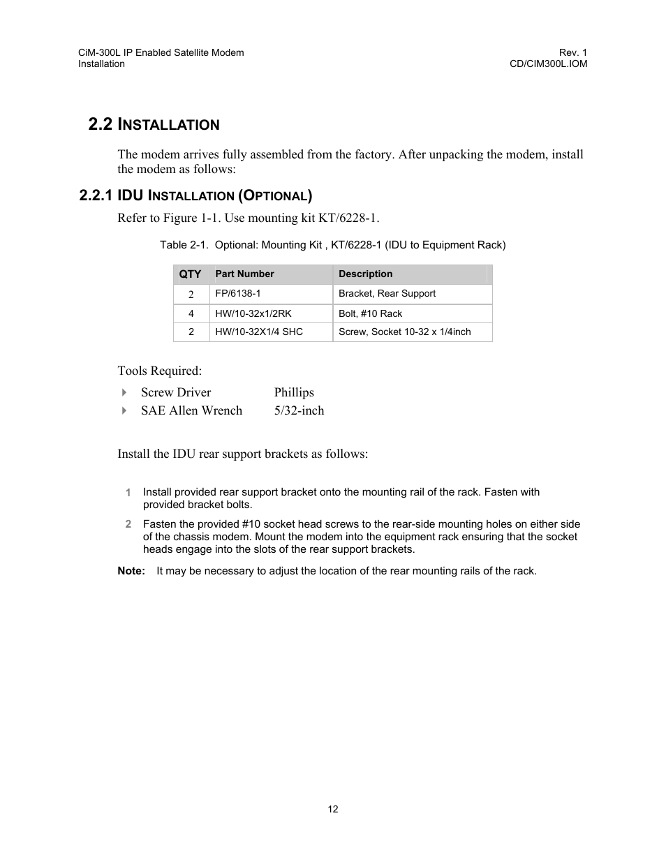 Installation, Idu installation (optional), 2 installation | 1 idu installation (optional), Installation 12, 1 idu i | Comtech EF Data CIM-300L User Manual | Page 38 / 512