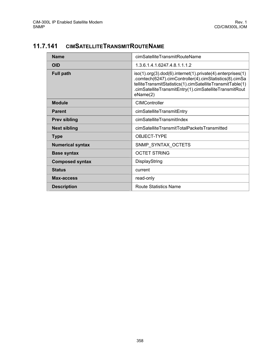 Cimsatellitetransmitroutename, 141 cimsatellitetransmitroutename | Comtech EF Data CIM-300L User Manual | Page 384 / 512