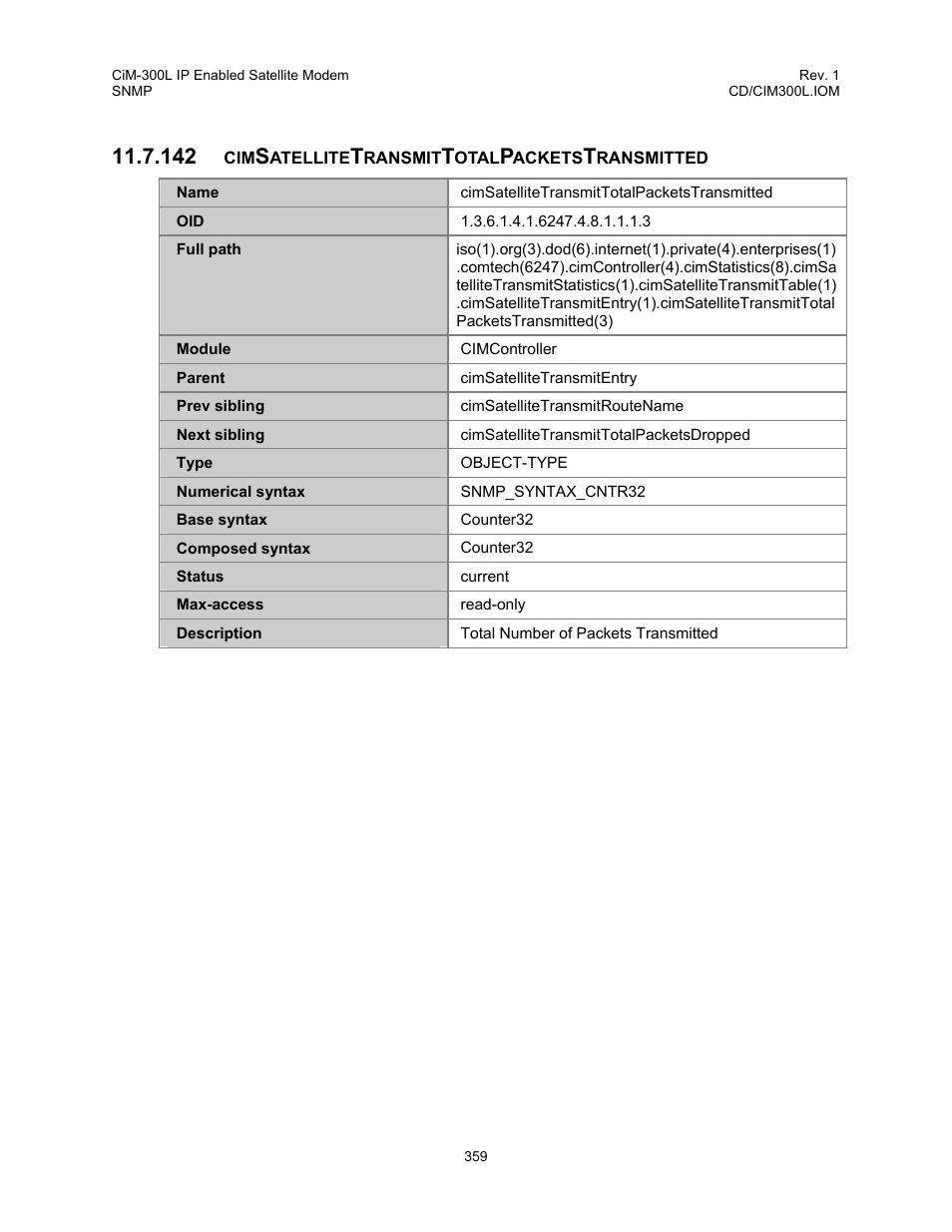 Cimsatellitetransmittotalpacketstransmitted, 142 cimsatellitetransmittotalpacketstransmitted | Comtech EF Data CIM-300L User Manual | Page 385 / 512