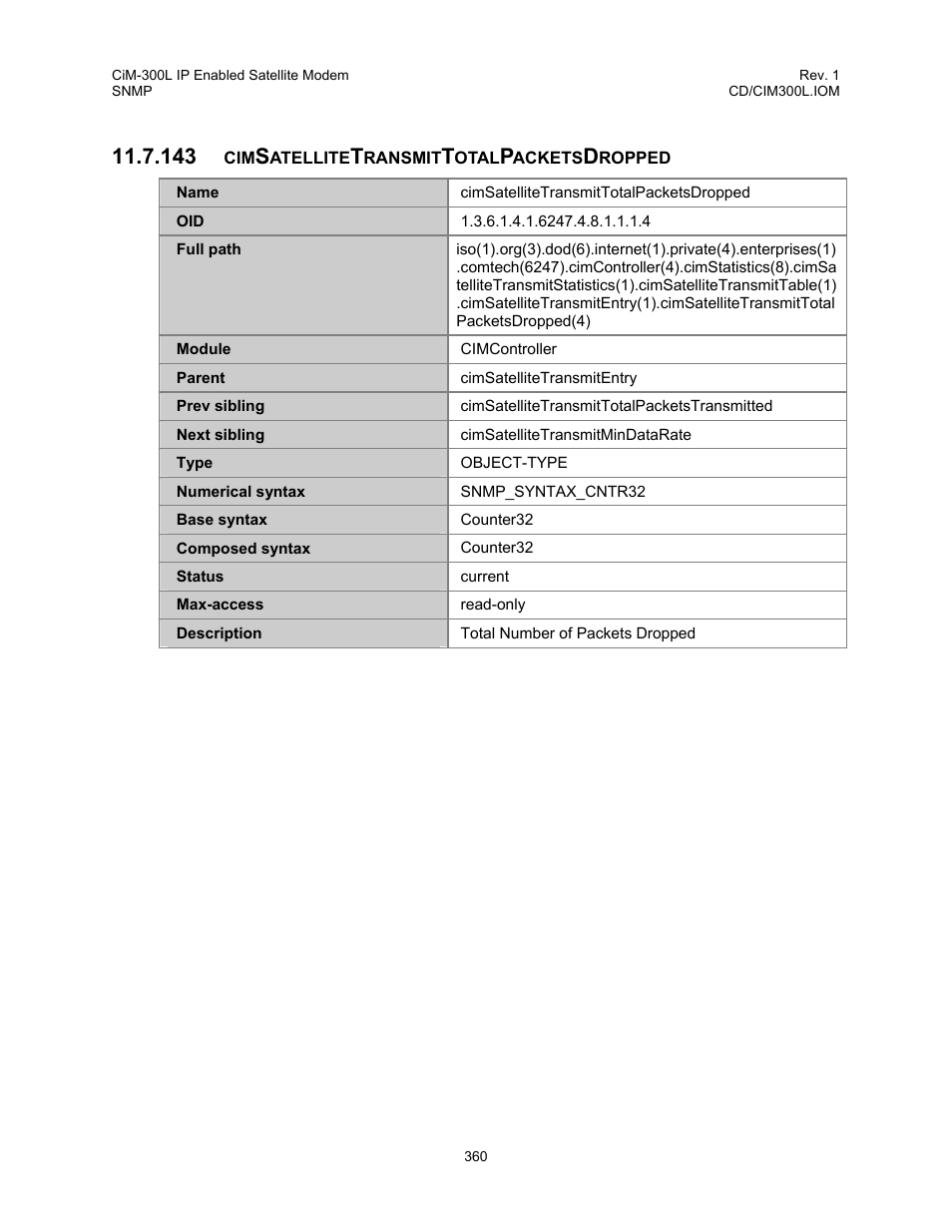 Cimsatellitetransmittotalpacketsdropped, 143 cimsatellitetransmittotalpacketsdropped | Comtech EF Data CIM-300L User Manual | Page 386 / 512