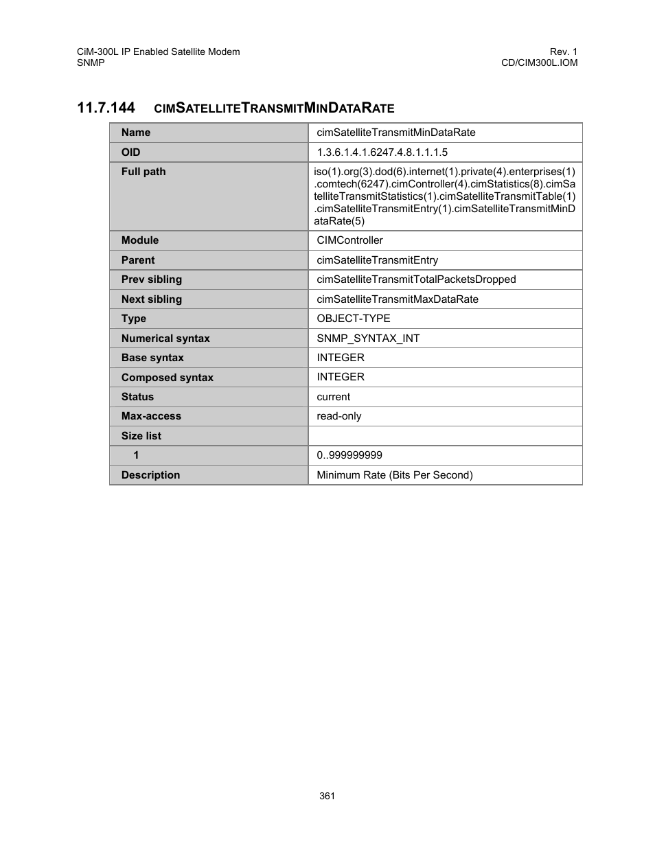 Cimsatellitetransmitmindatarate, 144 cimsatellitetransmitmindatarate | Comtech EF Data CIM-300L User Manual | Page 387 / 512