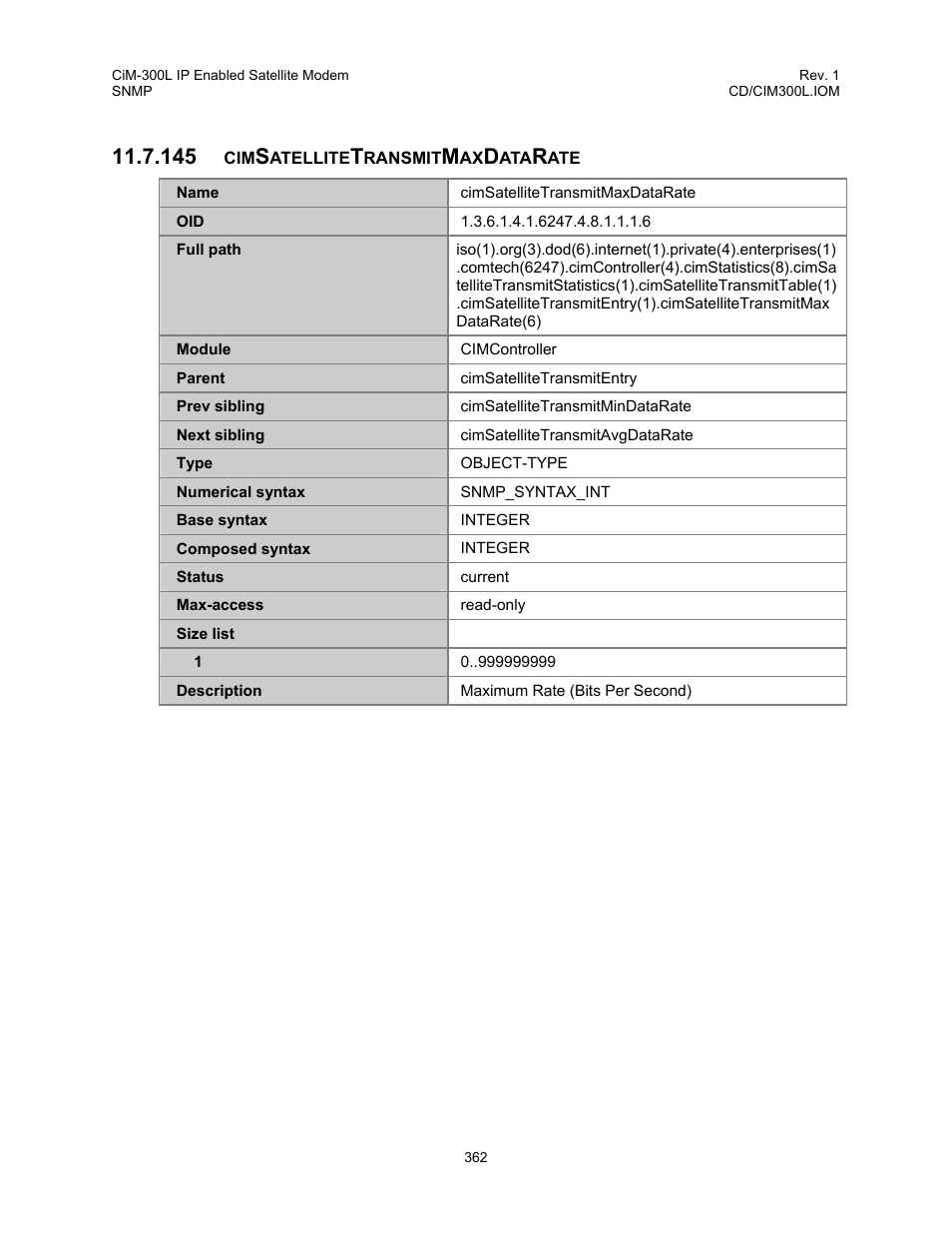 Cimsatellitetransmitmaxdatarate, 145 cimsatellitetransmitmaxdatarate | Comtech EF Data CIM-300L User Manual | Page 388 / 512