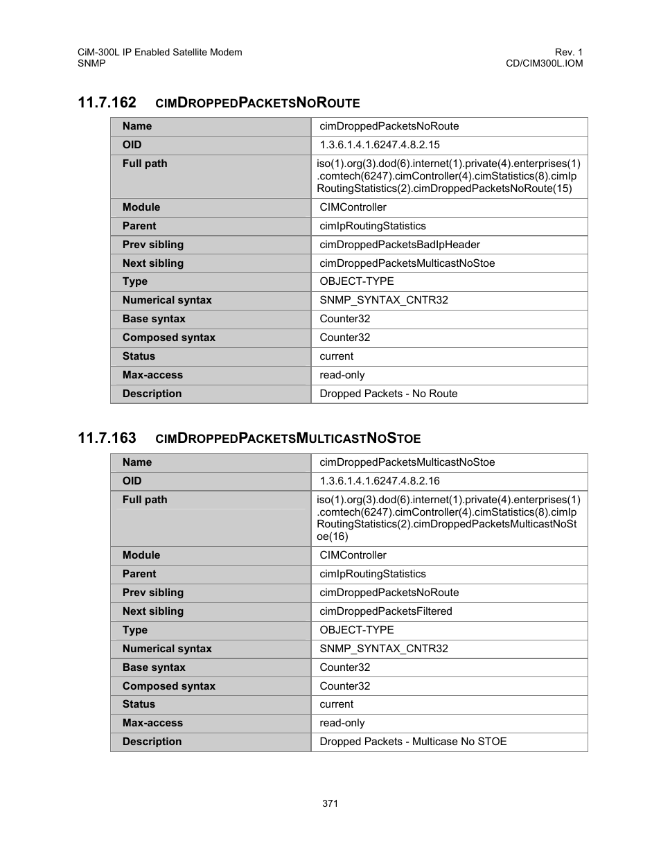 Cimdroppedpacketsnoroute, Cimdroppedpacketsmulticastnostoe | Comtech EF Data CIM-300L User Manual | Page 397 / 512