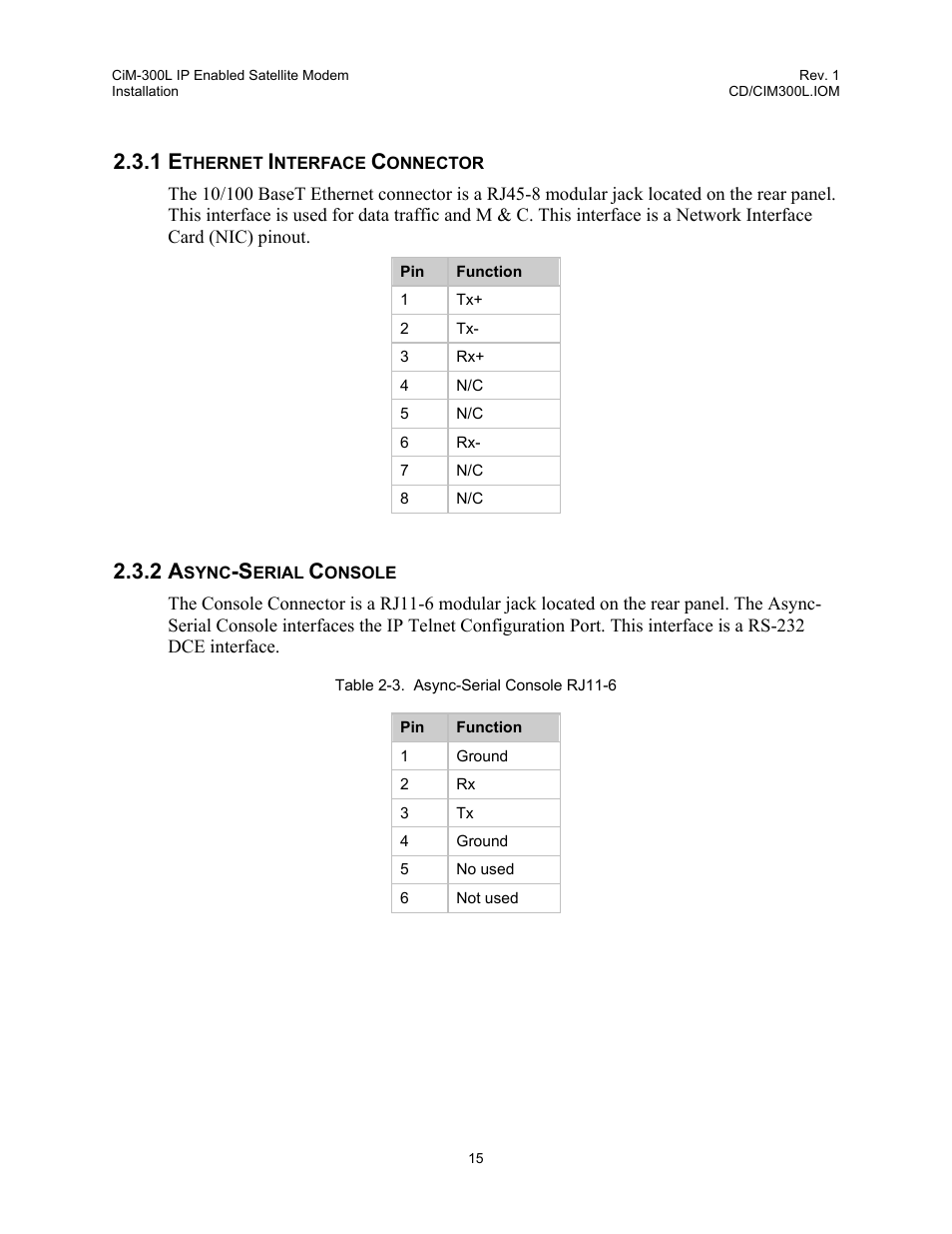 Ethernet interface connector, Async-serial console, Table 2-3. async-serial console rj11-6 | Comtech EF Data CIM-300L User Manual | Page 41 / 512