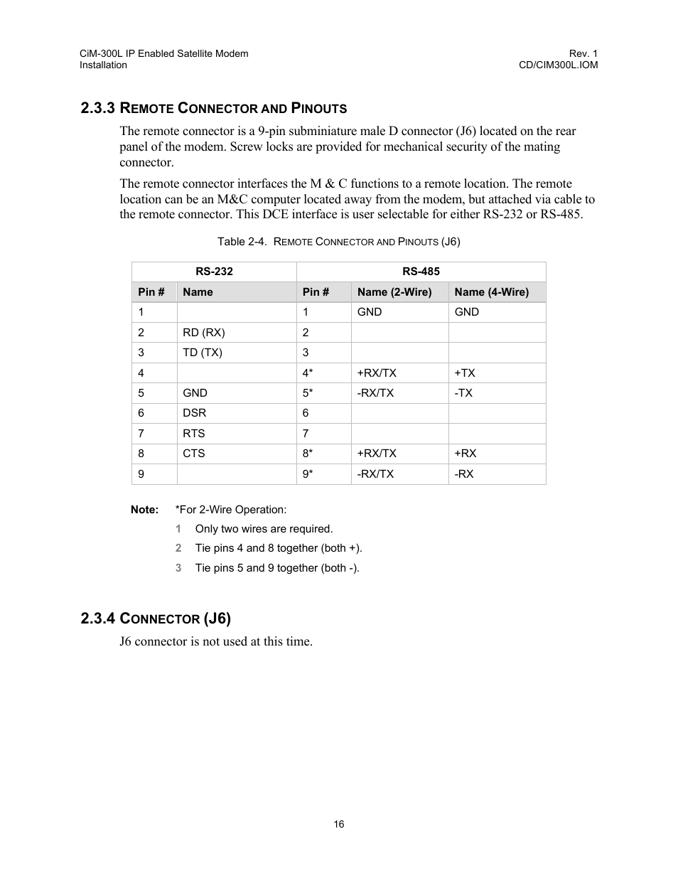 Remote connector and pinouts, Connector (j6), Table 2-4. r | Emote, Onnector and, Inouts | Comtech EF Data CIM-300L User Manual | Page 42 / 512