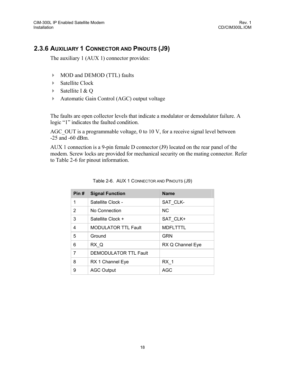 Auxiliary 1 connector and pinouts (j9), 6 auxiliary 1 connector and pinouts (j9), Table 2-6. aux 1 c | Onnector and, Inouts | Comtech EF Data CIM-300L User Manual | Page 44 / 512