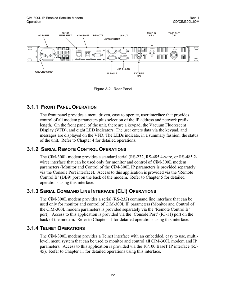 Front panel operation, Serial remote control operations, Serial command line interface (cli) operations | Telnet operations, Figure 3-2. rear panel, Cli) o | Comtech EF Data CIM-300L User Manual | Page 48 / 512