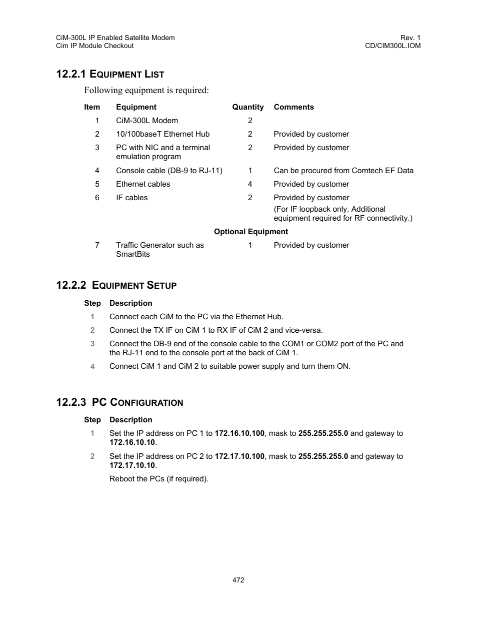 Equipment list, Equipment setup, Pc configuration | 1 equipment, List, 2 equipment, Setup, 3 pc, Configuration, Pc c | Comtech EF Data CIM-300L User Manual | Page 498 / 512