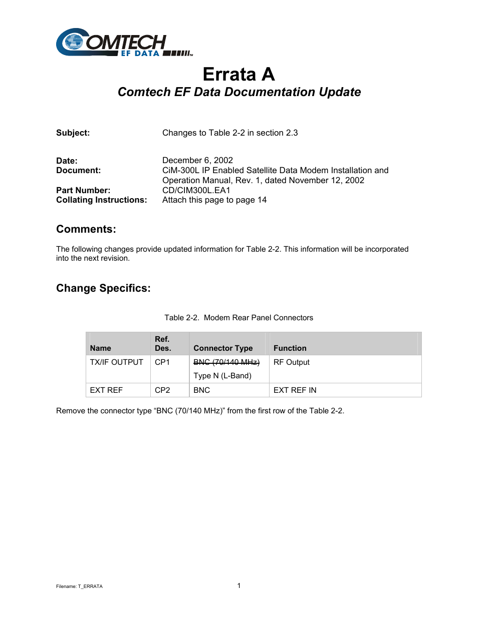 Errata a, Comtech ef data documentation update, Comments | Change specifics | Comtech EF Data CIM-300L User Manual | Page 5 / 512